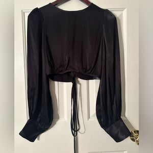 ASTR The Label SMALL Black Long Sleeve Satin Crop Blouse Open Back Wrap Self Tie